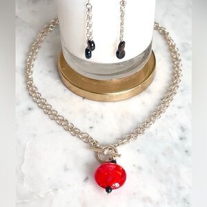 Stunning Sterling Silver +Red Venetian Murano glass necklace and earring set